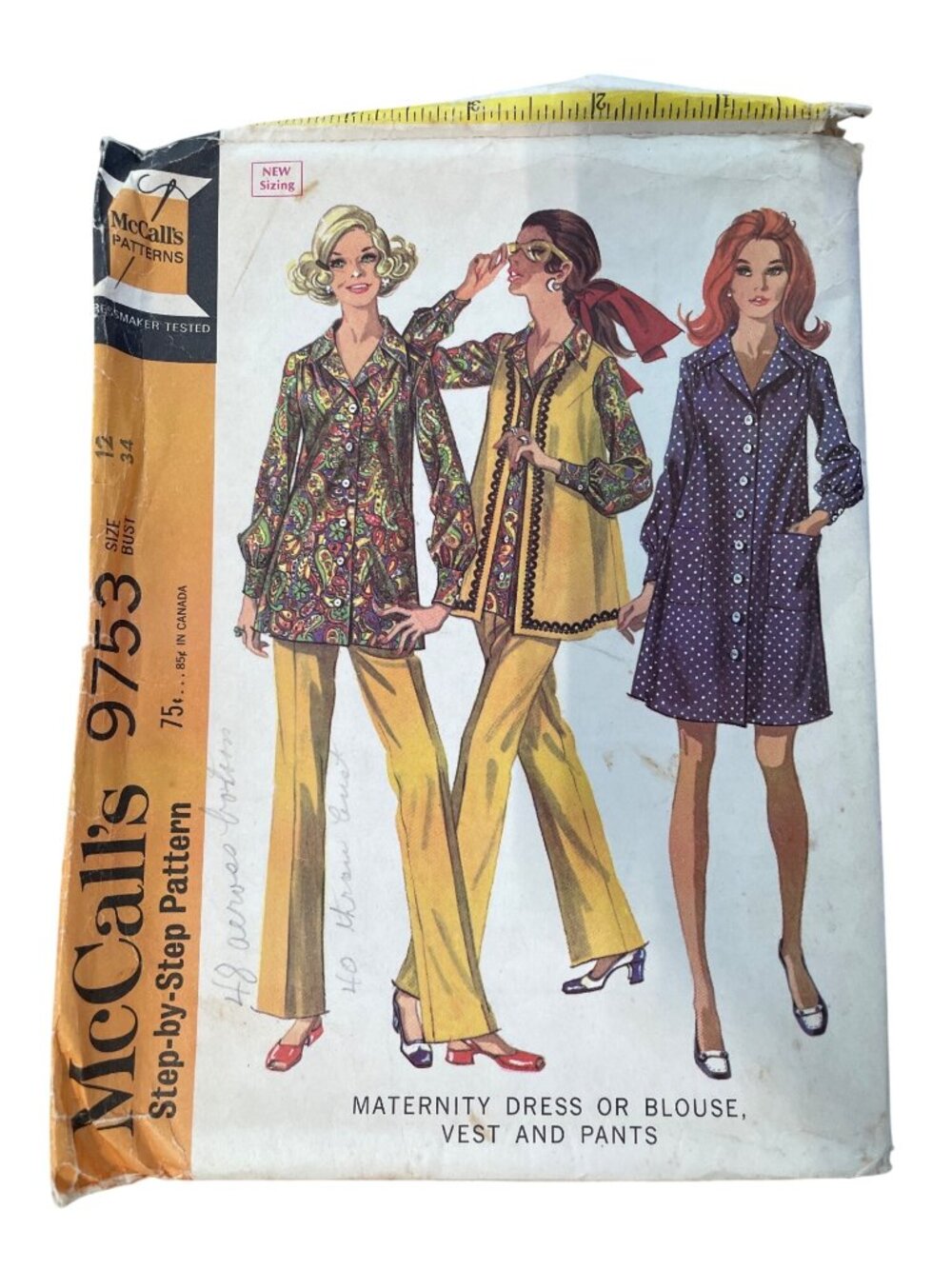 Vintage 60s McCalls 9753 Maternity Pattern Size 12 Dress Blouse Vest Pants UNCUT